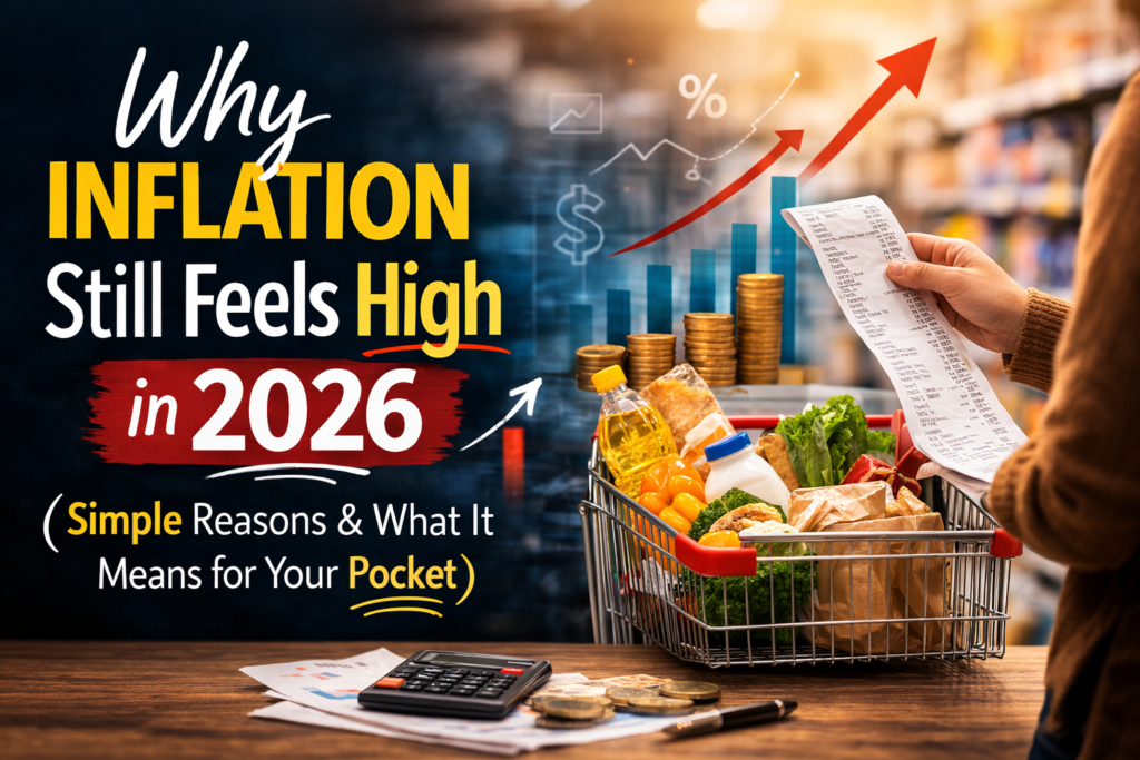 Why inflation still feels high in 2026 illustration showing rising prices, groceries, housing, and wages lagging.