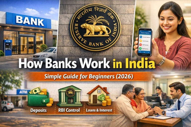 How Banks Work in India 2026 featured image showing a modern Indian bank branch, Reserve Bank of India logo, woman using mobile banking app, and banker assisting customers, illustrating deposits, RBI control, loans, and digital banking.